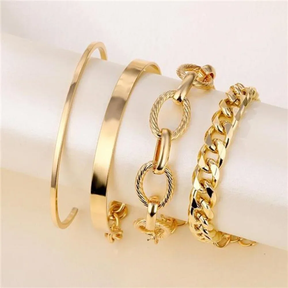 Trendy 4-Piece Gold Bracelet Set for Women – Chunky Chain, Minimalist Cuff